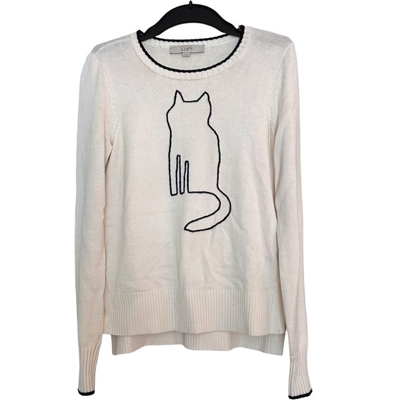 LOFT Cream Cotton Blend Crewneck Sweater with Embroidered Black Cat Silhouette - Picture 2 of 7